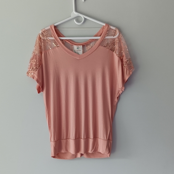 Threads V-neck Mesh Sequined Dolman Short Sleeve T-shirt Top Blush Pink Medium - Picture 10 of 10